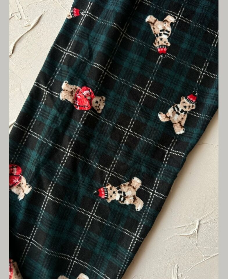 Lindros Kadife Zümrüt Yeşili Kare Desen Vintage Ayıcık Desenli %100 Pamuk Pijama Altı Zümrüt Yeşili - XL
