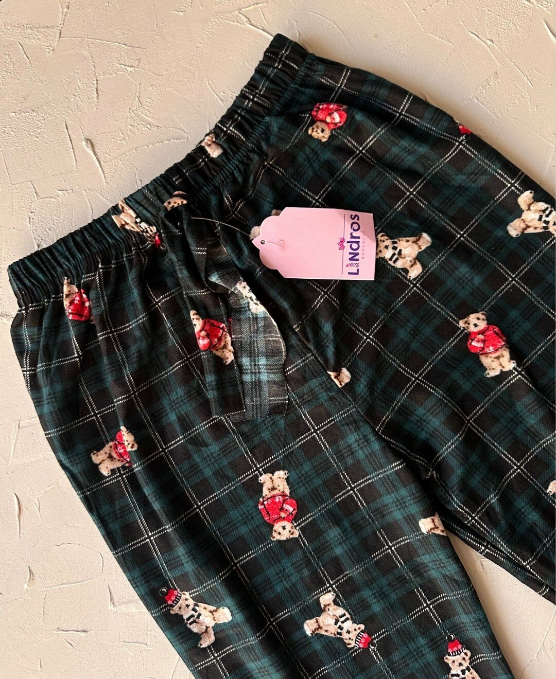 Lindros Kadife Zümrüt Yeşili Kare Desen Vintage Ayıcık Desenli %100 Pamuk Pijama Altı Zümrüt Yeşili - XL