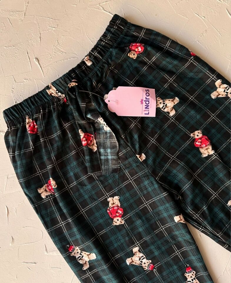 Lindros Kadife Zümrüt Yeşili Kare Desen Vintage Ayıcık Desenli %100 Pamuk Pijama Altı Zümrüt Yeşili - XL