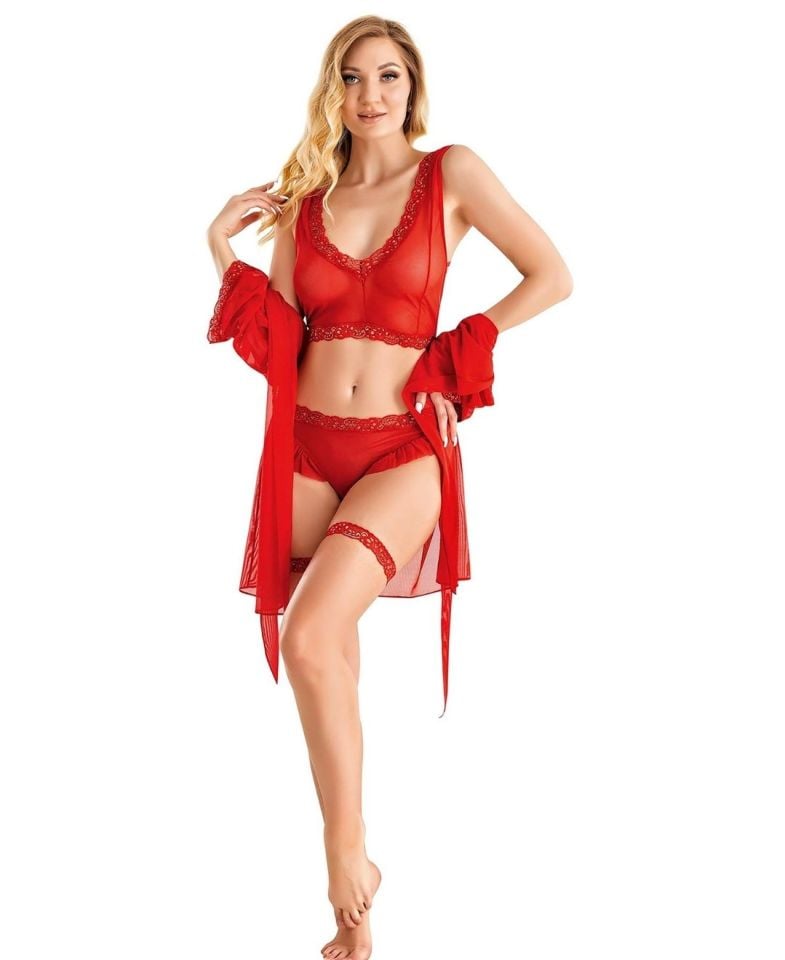Kadın Kırmızı Dantelli Tül Transparan Fantezi Bralet-Tanga-Gecelik Takım -9109 Kırmızı - Tek Ebat
