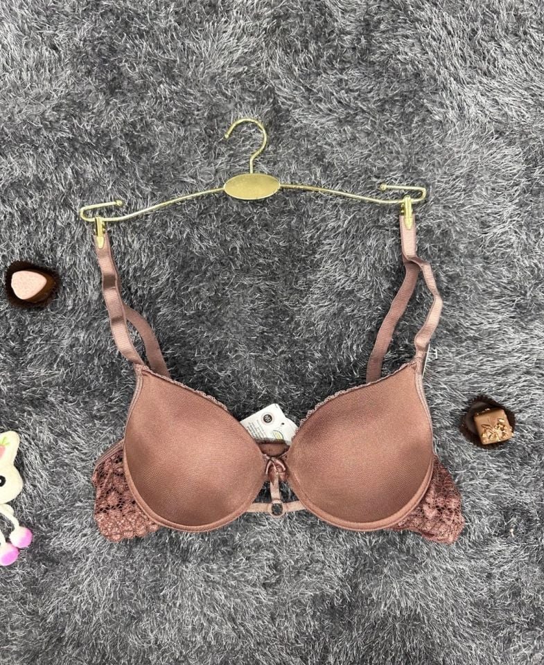 Günlük Kullanım Full Push-up Yanları Dantelli Önü Halka Detaylı Sütyen Kahverengi - 80B