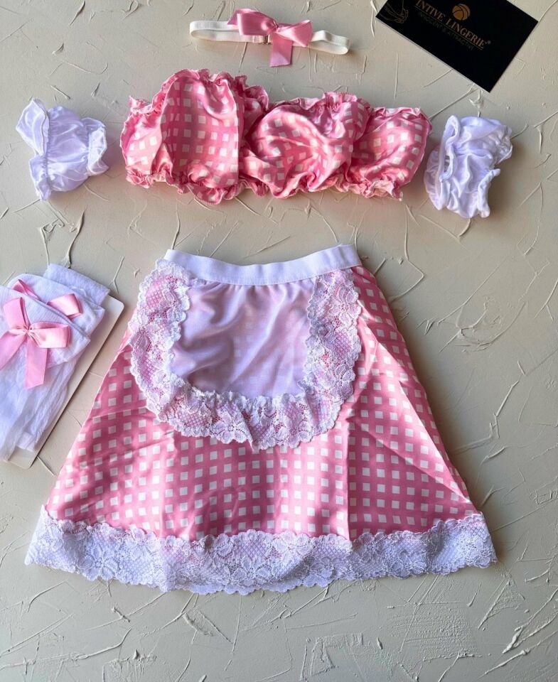 Kadın Pembe Beyaz Kurdele Detaylı Büstiyer Etekli Çoraplı Hizmetçi Kostüm -3634 Pembe - S/M