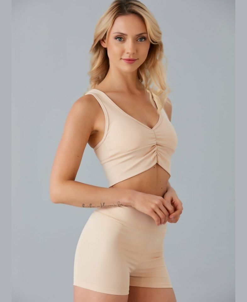 Aurafit Kadın Önü Büzgülü Arkası Çapraz Kaplı Croptop/Büstiyer Beyaz - M/L