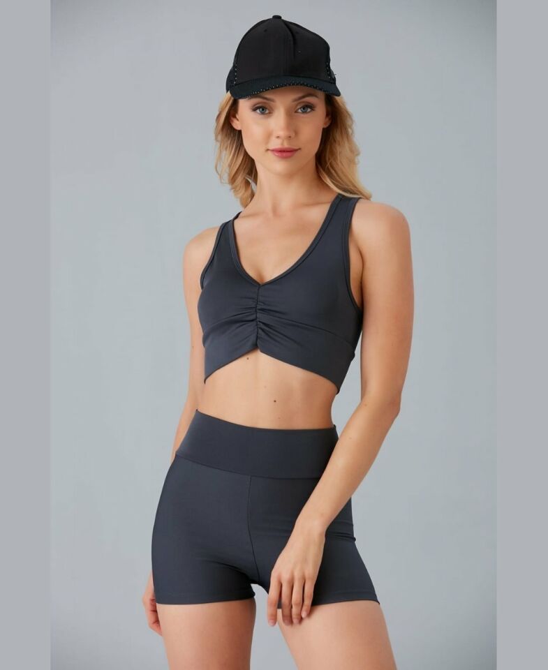 Aurafit Kadın Önü Büzgülü Arkası Çapraz Kaplı Croptop/Büstiyer Antrasit - S/M