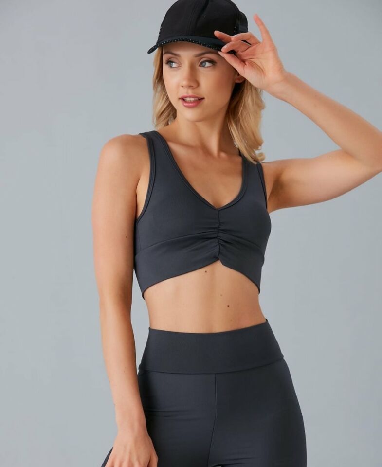 Aurafit Kadın Önü Büzgülü Arkası Çapraz Kaplı Croptop/Büstiyer Antrasit - S/M