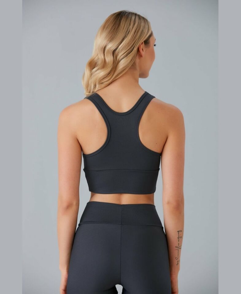Aurafit Kadın Önü Büzgülü Arkası Çapraz Kaplı Croptop/Büstiyer Antrasit - S/M
