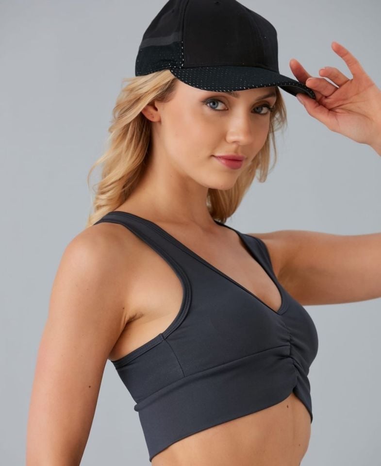 Aurafit Kadın Önü Büzgülü Arkası Çapraz Kaplı Croptop/Büstiyer Antrasit - S/M