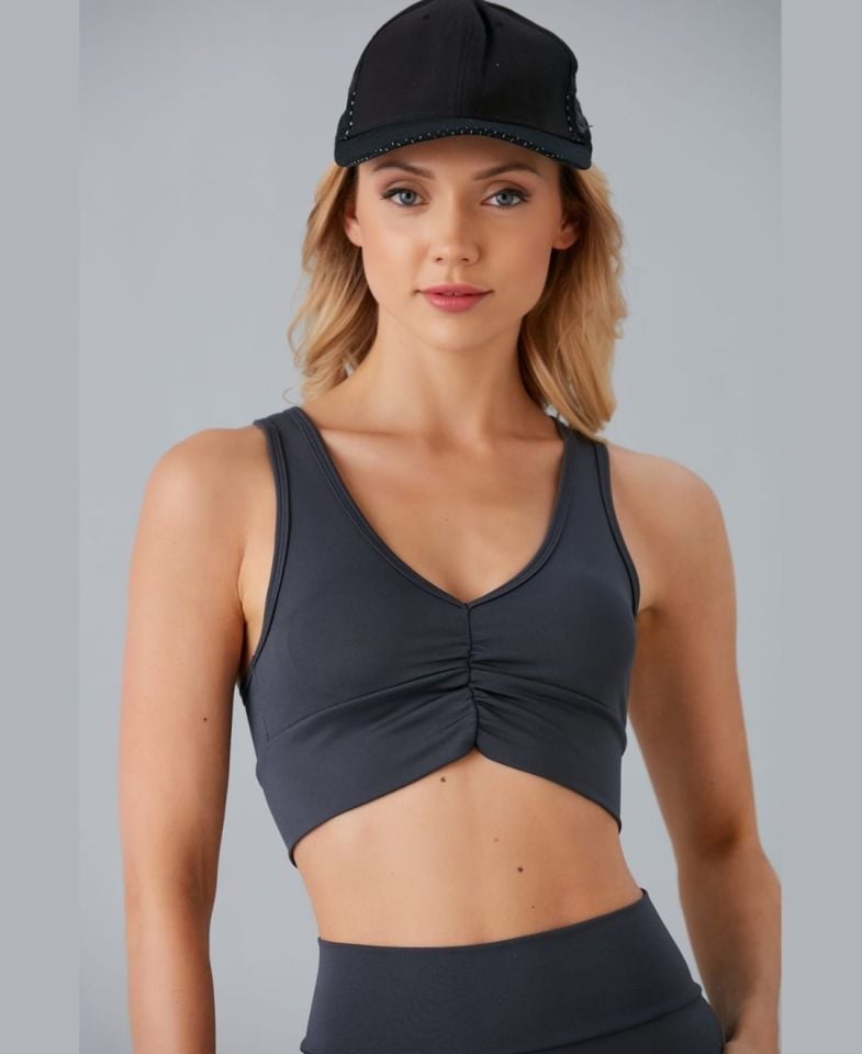 Aurafit Kadın Önü Büzgülü Arkası Çapraz Kaplı Croptop/Büstiyer Antrasit - M/L