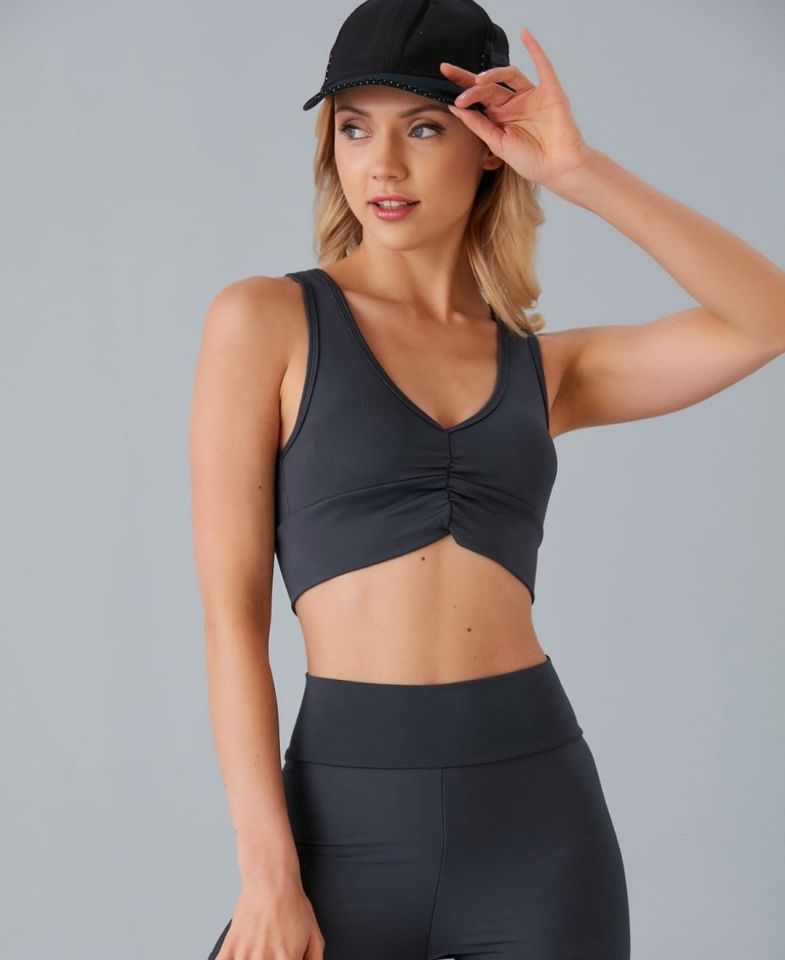 Aurafit Kadın Önü Büzgülü Arkası Çapraz Kaplı Croptop/Büstiyer Antrasit - M/L