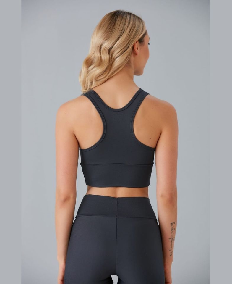 Aurafit Kadın Önü Büzgülü Arkası Çapraz Kaplı Croptop/Büstiyer Antrasit - M/L