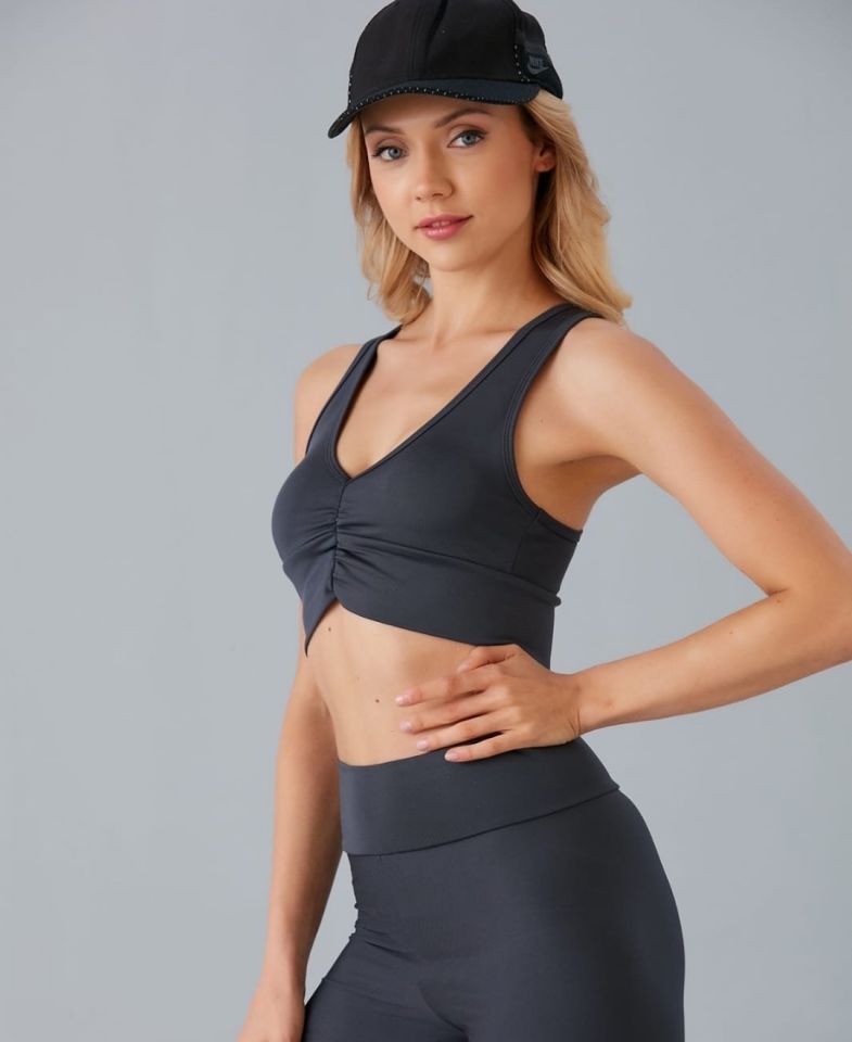 Aurafit Kadın Önü Büzgülü Arkası Çapraz Kaplı Croptop/Büstiyer Antrasit - M/L
