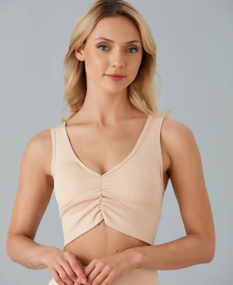 Aurafit Kadın Önü Büzgülü Arkası Çapraz Kaplı Croptop/Büstiyer Bej - S/M