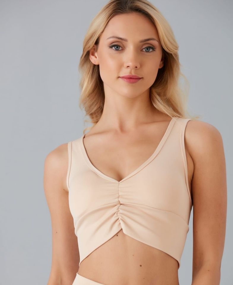 Aurafit Kadın Önü Büzgülü Arkası Çapraz Kaplı Croptop/Büstiyer Bej - S/M