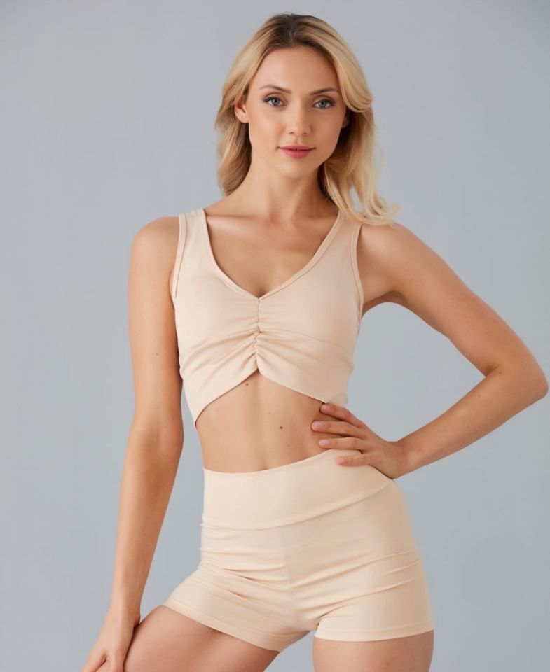 Aurafit Kadın Önü Büzgülü Arkası Çapraz Kaplı Croptop/Büstiyer Bej - S/M