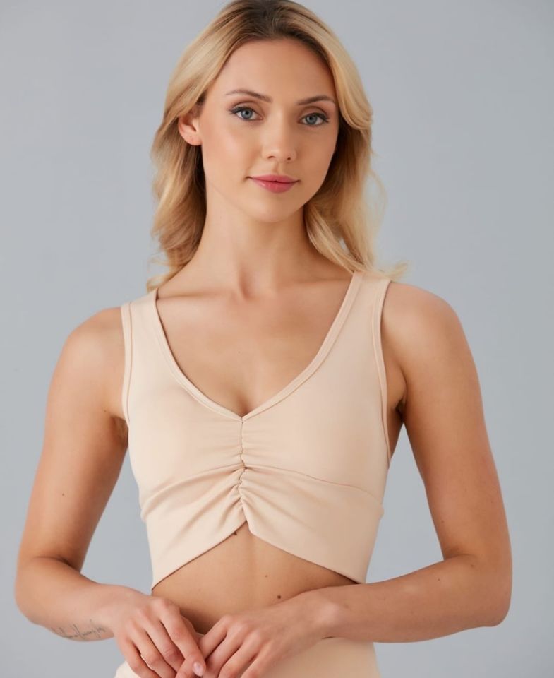 Aurafit Kadın Önü Büzgülü Arkası Çapraz Kaplı Croptop/Büstiyer Bej - M/L