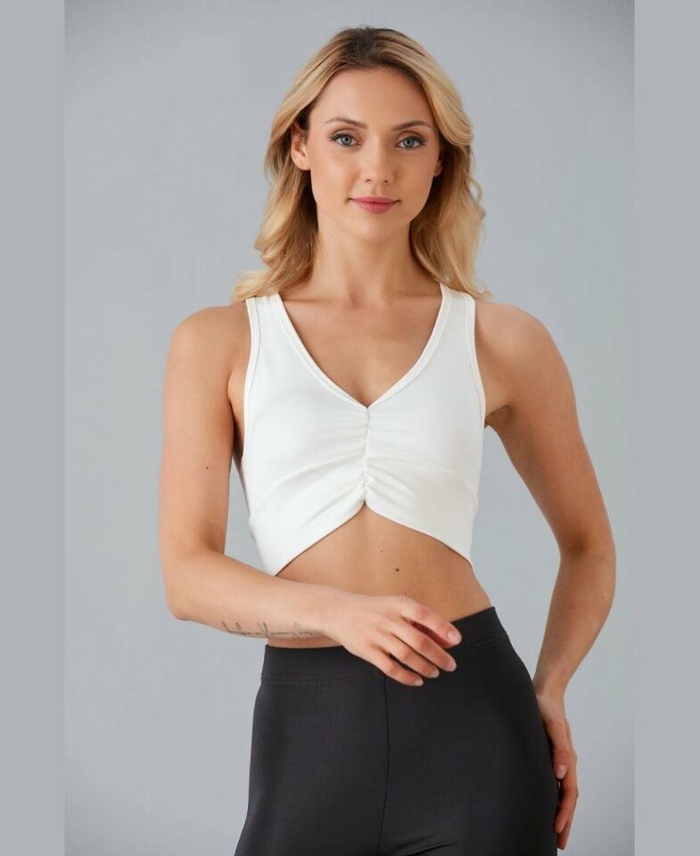 Aurafit Kadın Önü Büzgülü Arkası Çapraz Kaplı Croptop/Büstiyer Beyaz - S/M