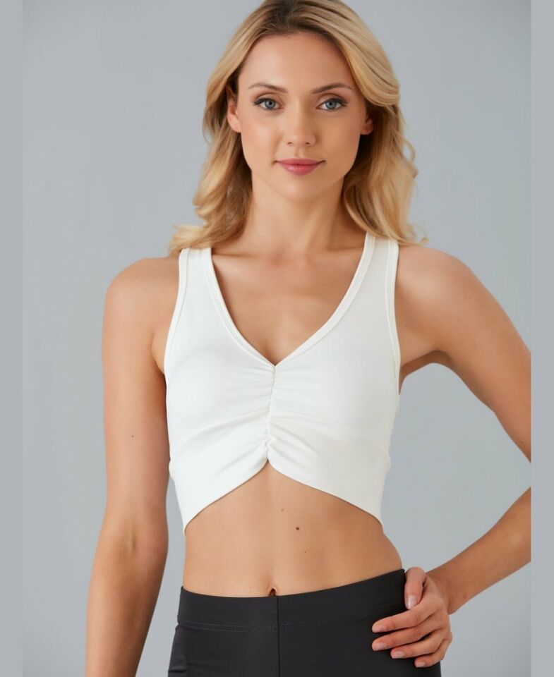 Aurafit Kadın Önü Büzgülü Arkası Çapraz Kaplı Croptop/Büstiyer Beyaz - S/M