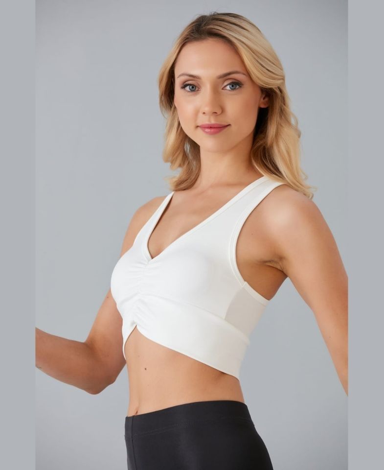 Aurafit Kadın Önü Büzgülü Arkası Çapraz Kaplı Croptop/Büstiyer Beyaz - M/L