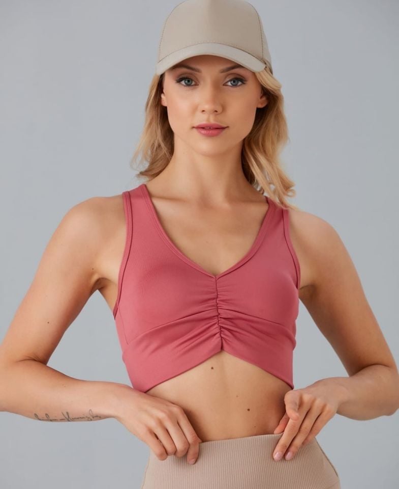 Aurafit Kadın Önü Büzgülü Arkası Çapraz Kaplı Croptop/Büstiyer Gül Kurusu - S/M