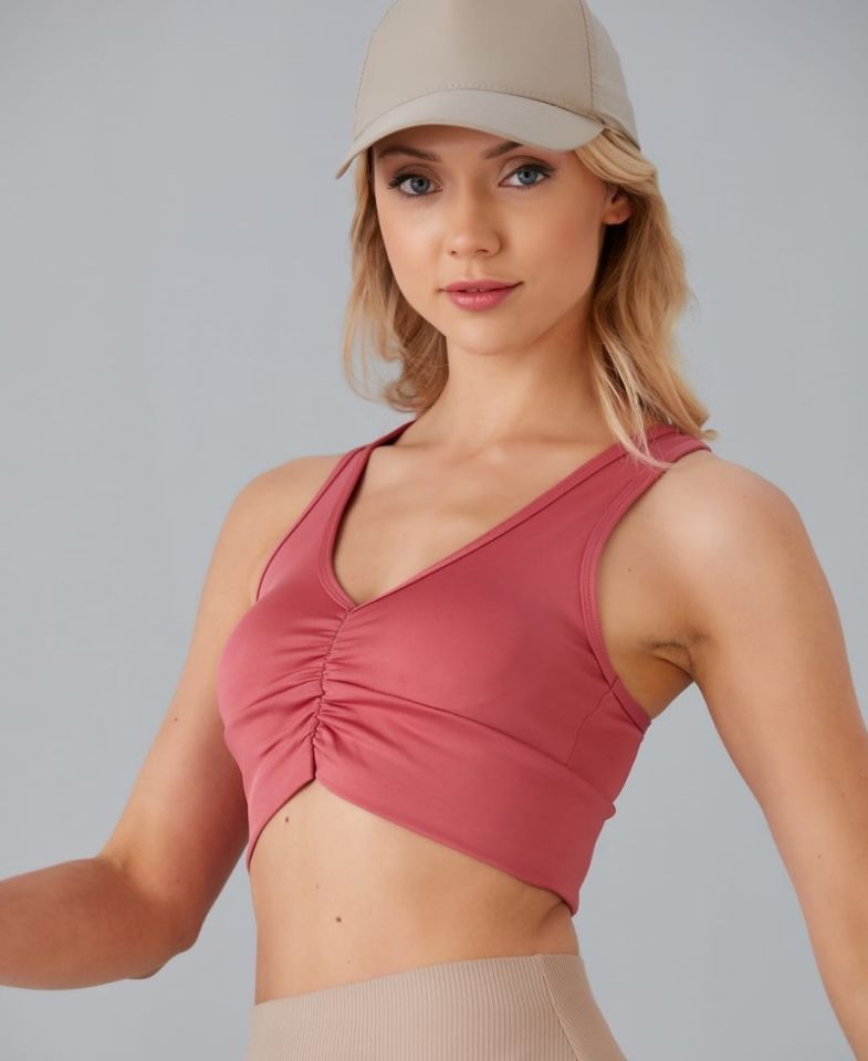 Aurafit Kadın Önü Büzgülü Arkası Çapraz Kaplı Croptop/Büstiyer Gül Kurusu - S/M