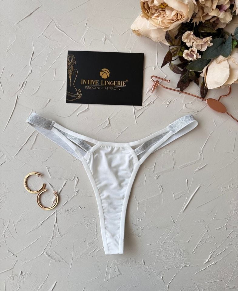 Passione Parlak Şerit Detaylı Beyaz Esnek Normal Bel Tanga Beyaz - L/XL
