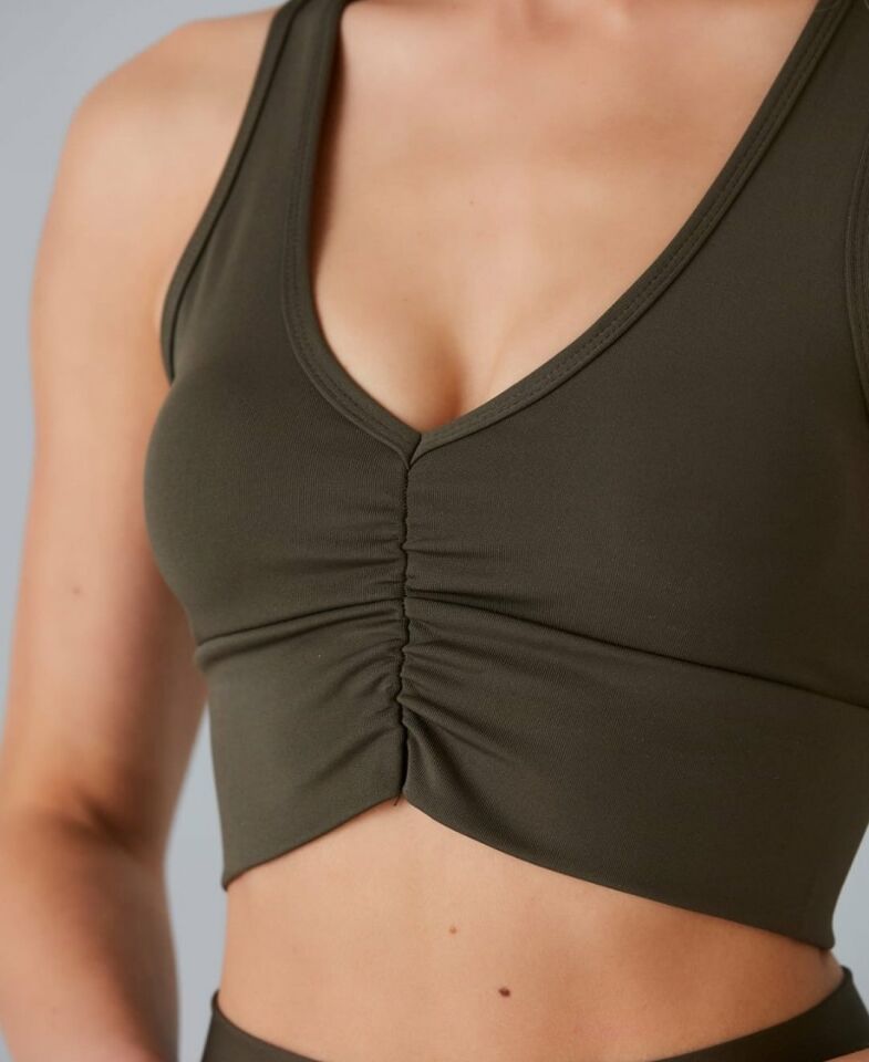 Aurafit Kadın Önü Büzgülü Arkası Çapraz Kaplı Croptop/Büstiyer Haki Yeşil - S/M