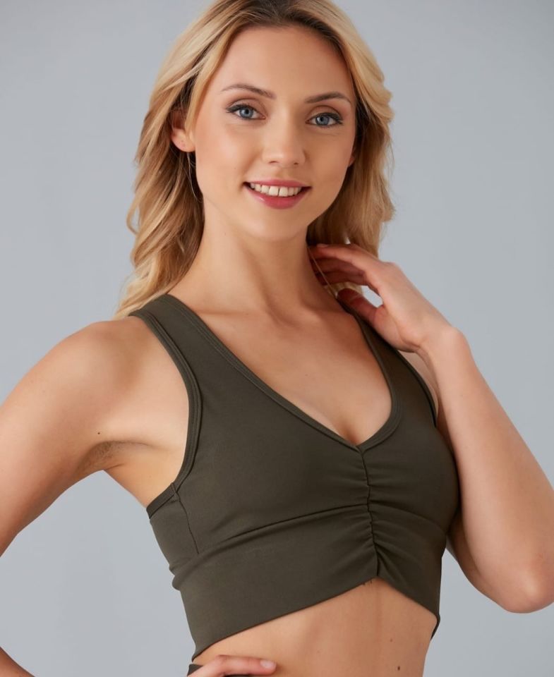 Aurafit Kadın Önü Büzgülü Arkası Çapraz Kaplı Croptop/Büstiyer Haki Yeşil - S/M