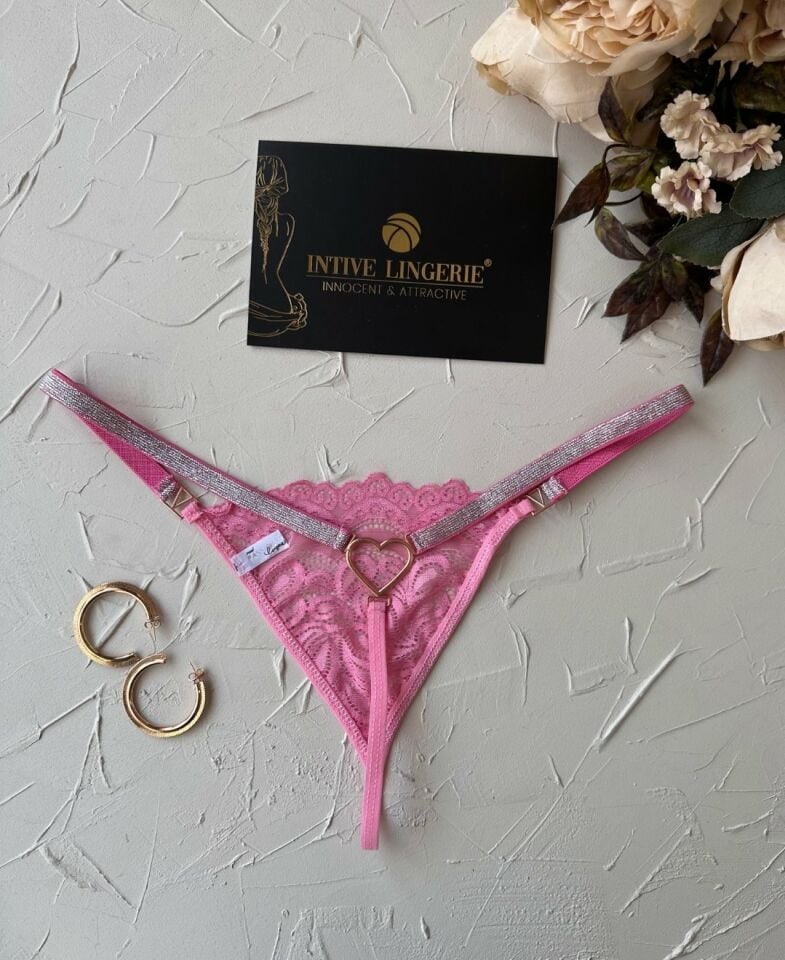 Passione Parlak Şerit Detaylı Pembe/Siyah Esnek Arkası Kalp Aksesuar Detaylı String Pembe - S/M