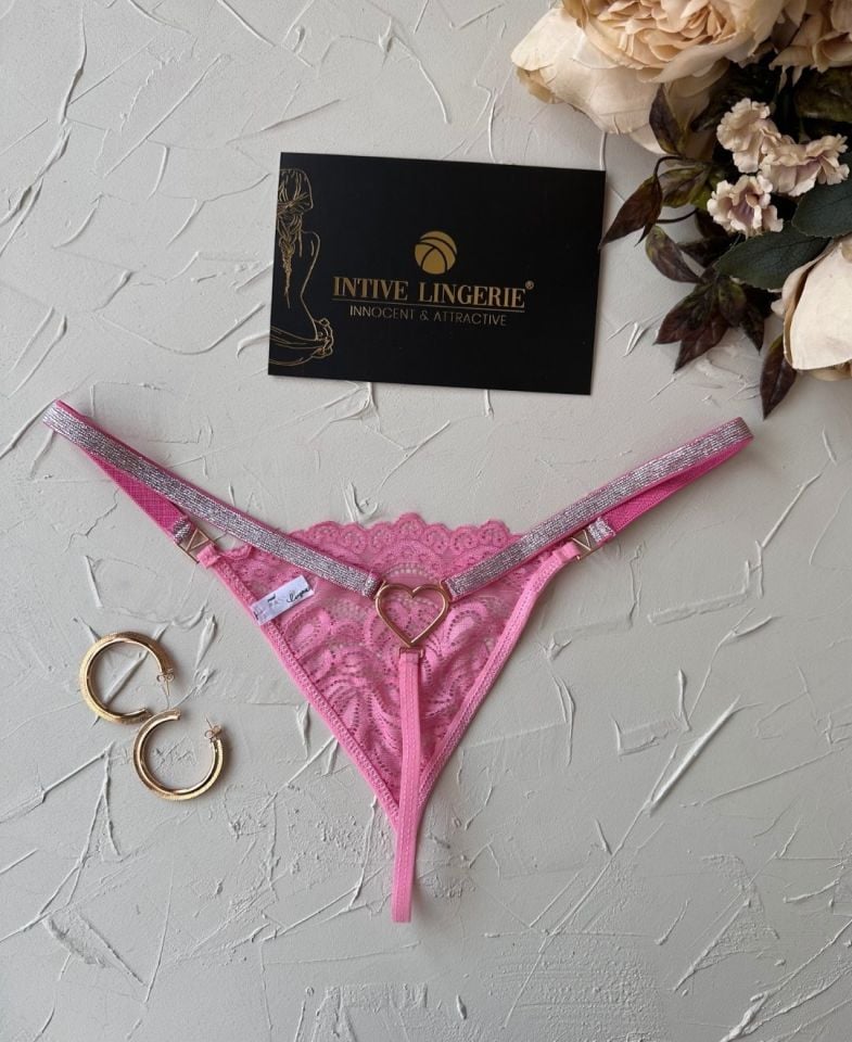 Passione Parlak Şerit Detaylı Pembe/Siyah Esnek Arkası Kalp Aksesuar Detaylı String Pembe - L/XL