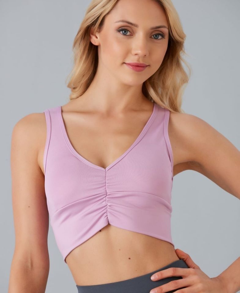 Aurafit Kadın Önü Büzgülü Arkası Çapraz Kaplı Croptop/Büstiyer Pembe - S/M