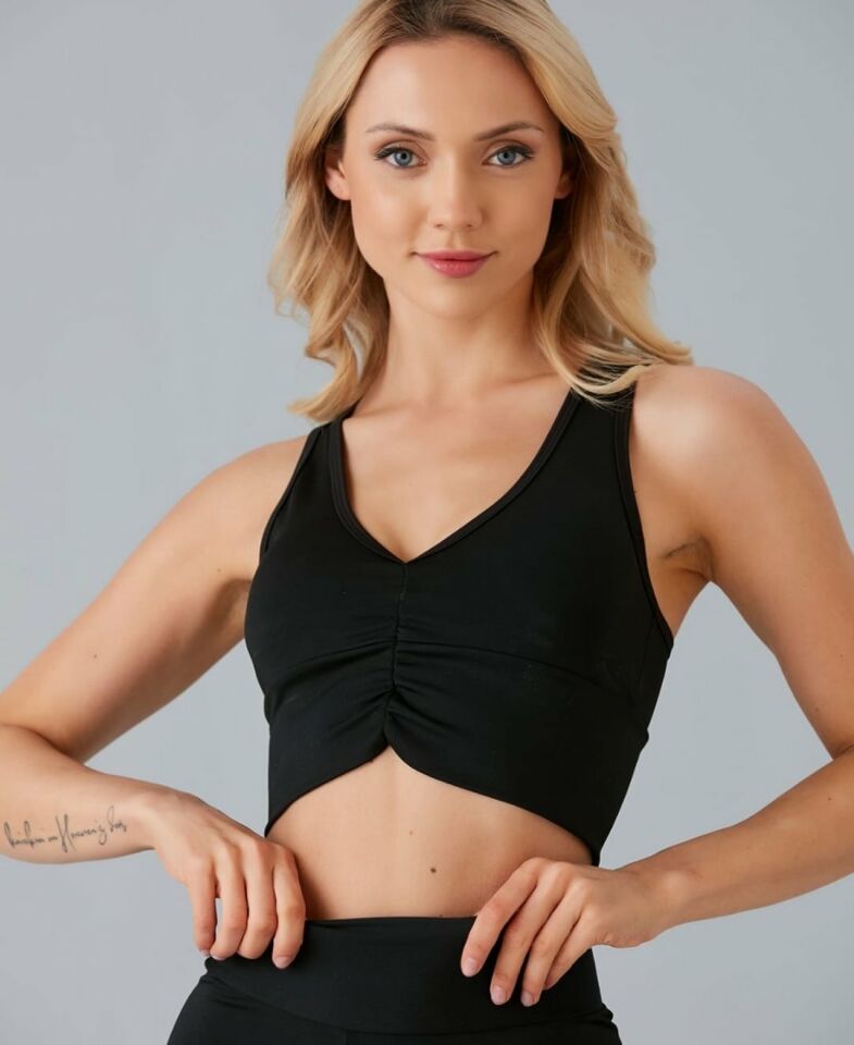Aurafit Kadın Önü Büzgülü Arkası Çapraz Kaplı Croptop/Büstiyer Siyah - S/M
