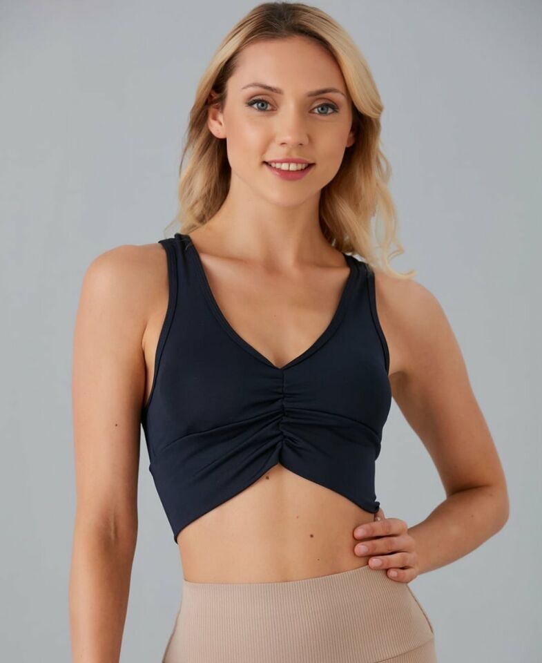 Aurafit Kadın Önü Büzgülü Arkası Çapraz Kaplı Croptop/Büstiyer Siyah - S/M