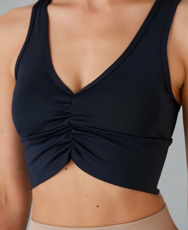 Aurafit Kadın Önü Büzgülü Arkası Çapraz Kaplı Croptop/Büstiyer Siyah - S/M