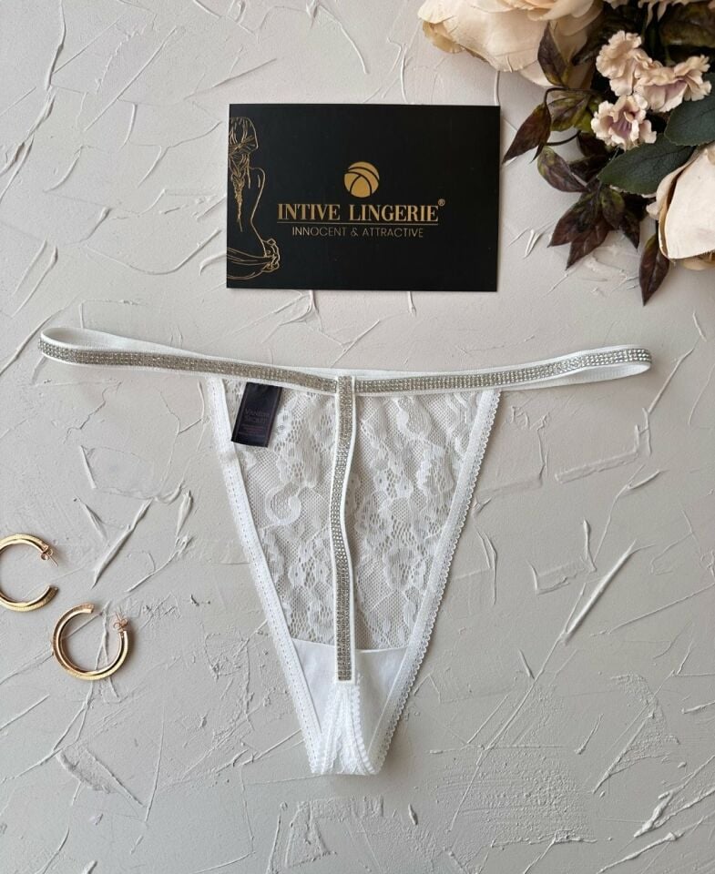 Intive VS Dantelli Arkası ve Yanları Parlak Taşlı Ultra Şık Kaliteli G-String (Siyah-Beyaz) Beyaz - Standart