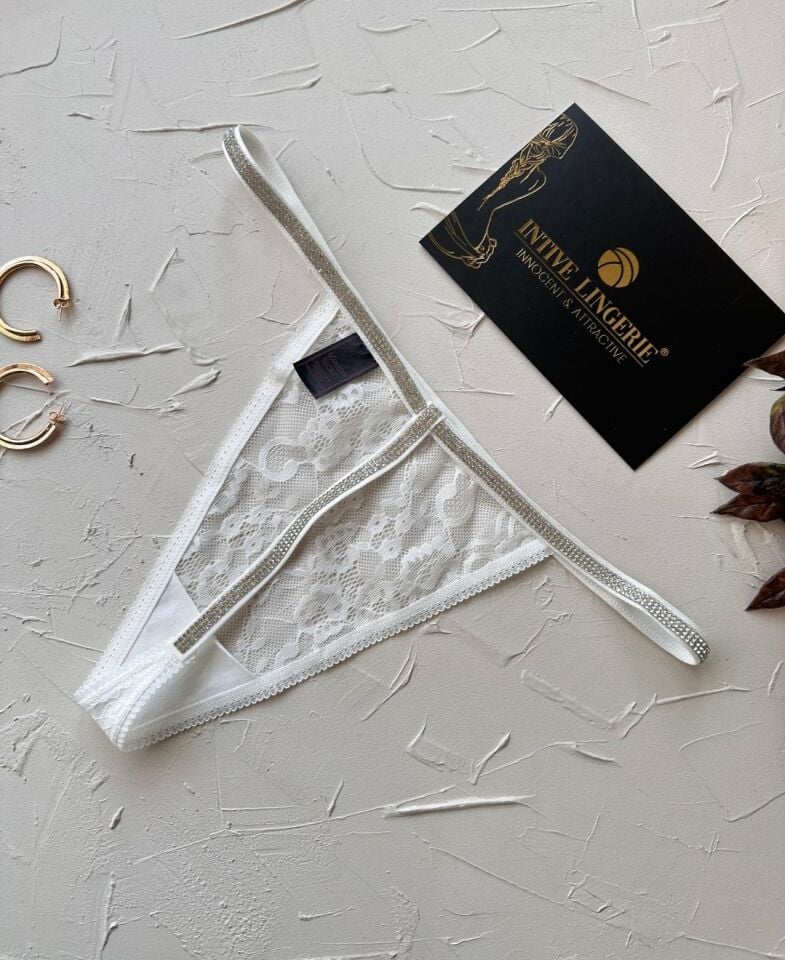 Intive VS Dantelli Arkası ve Yanları Parlak Taşlı Ultra Şık Kaliteli G-String (Siyah-Beyaz) Beyaz - Standart