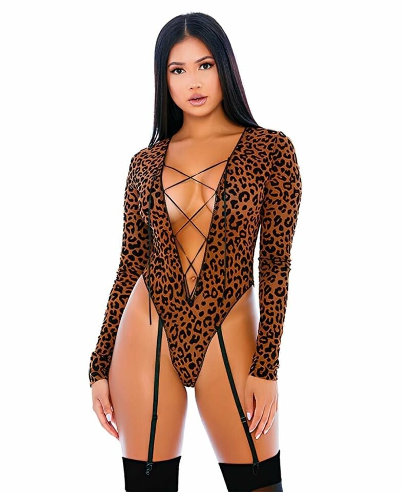 Kadın Leopar Desenli Derin Dekolte Jartiyerli Bodysuit -8292 Leopar - L