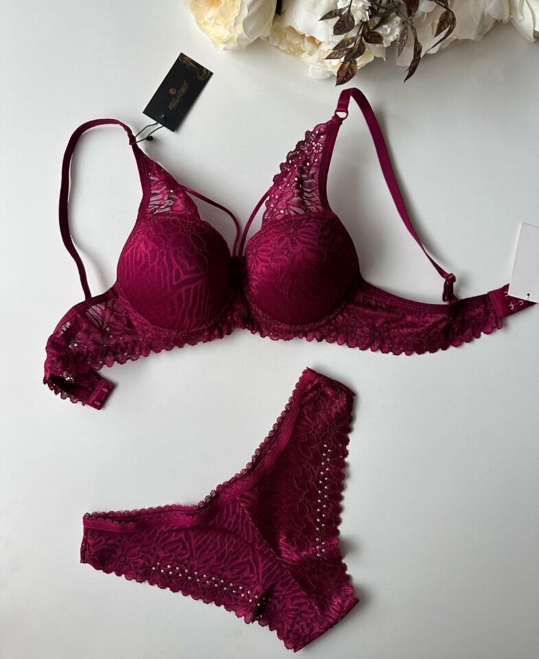 Push-up Dantelli Balenli Taşlı Bordo - Siyah İp Detaylı Sütyen Külot Takım Bordo - 75B