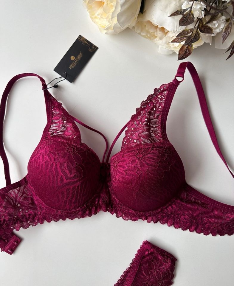 Push-up Dantelli Balenli Taşlı Bordo - Siyah İp Detaylı Sütyen Külot Takım Bordo - 75B