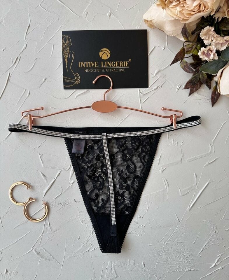 Intive VS Dantelli Arkası ve Yanları Parlak Taşlı Ultra Şık Kaliteli G-String (Siyah-Beyaz) Siyah - Standart