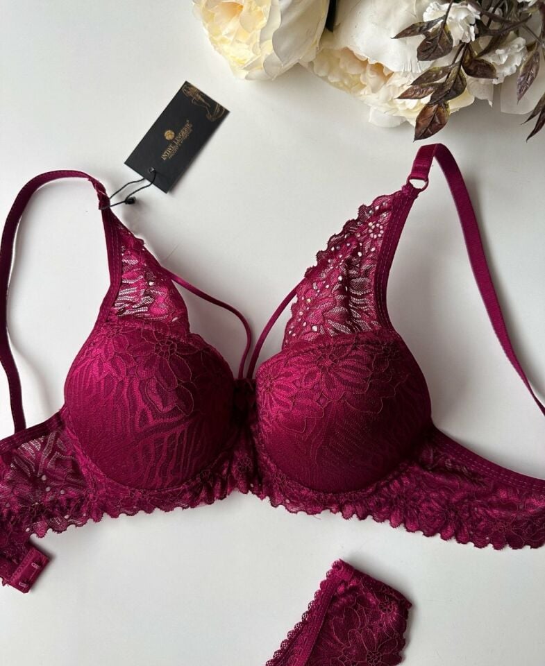 Push-up Dantelli Balenli Taşlı Bordo - Siyah İp Detaylı Sütyen Külot Takım Bordo - 80B