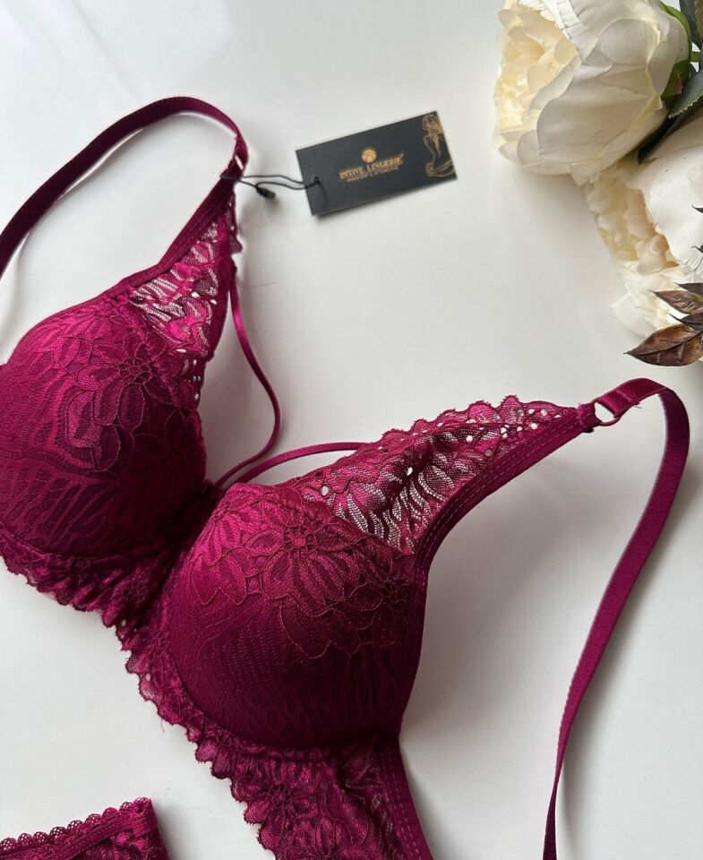 Push-up Dantelli Balenli Taşlı Bordo - Siyah İp Detaylı Sütyen Külot Takım Bordo - 85B
