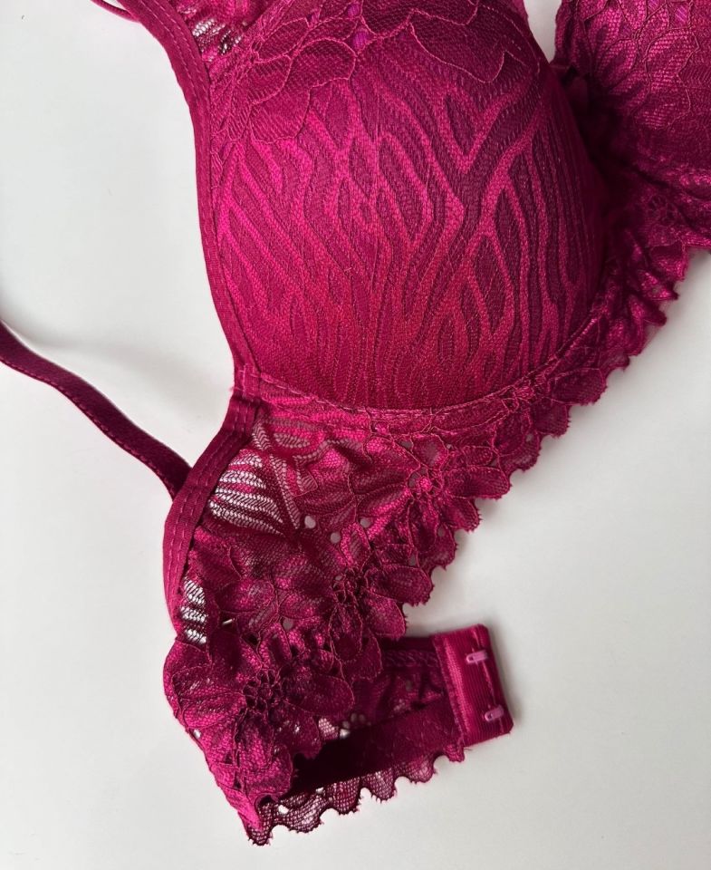 Push-up Dantelli Balenli Taşlı Bordo - Siyah İp Detaylı Sütyen Külot Takım Bordo - 85B