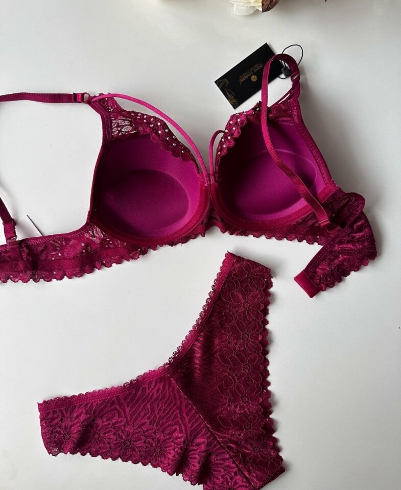 Push-up Dantelli Balenli Taşlı Bordo - Siyah İp Detaylı Sütyen Külot Takım Bordo - 85B