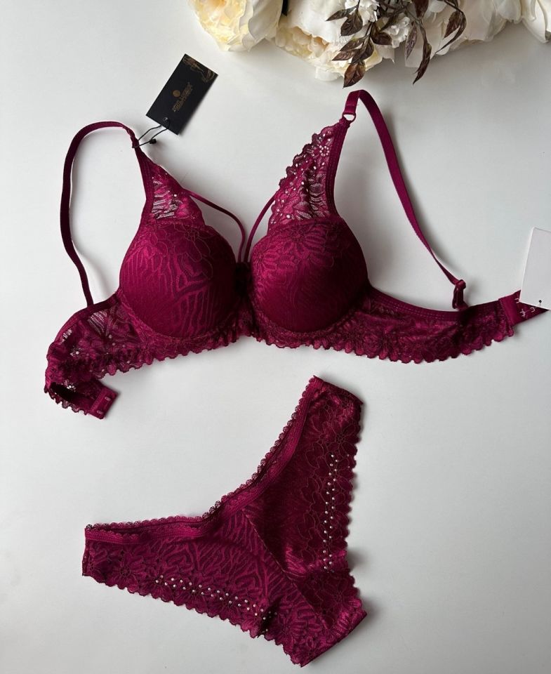 Push-up Dantelli Balenli Taşlı Bordo - Siyah İp Detaylı Sütyen Külot Takım Bordo - 90B