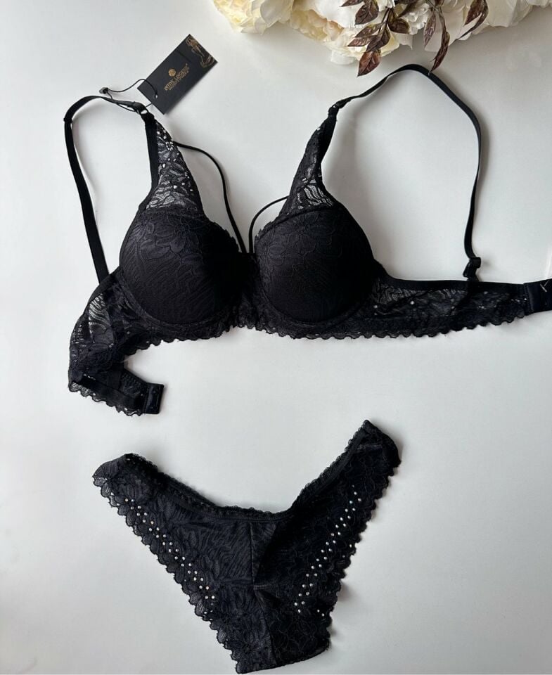 Push-up Dantelli Balenli Taşlı Bordo - Siyah İp Detaylı Sütyen Külot Takım Siyah - 80B