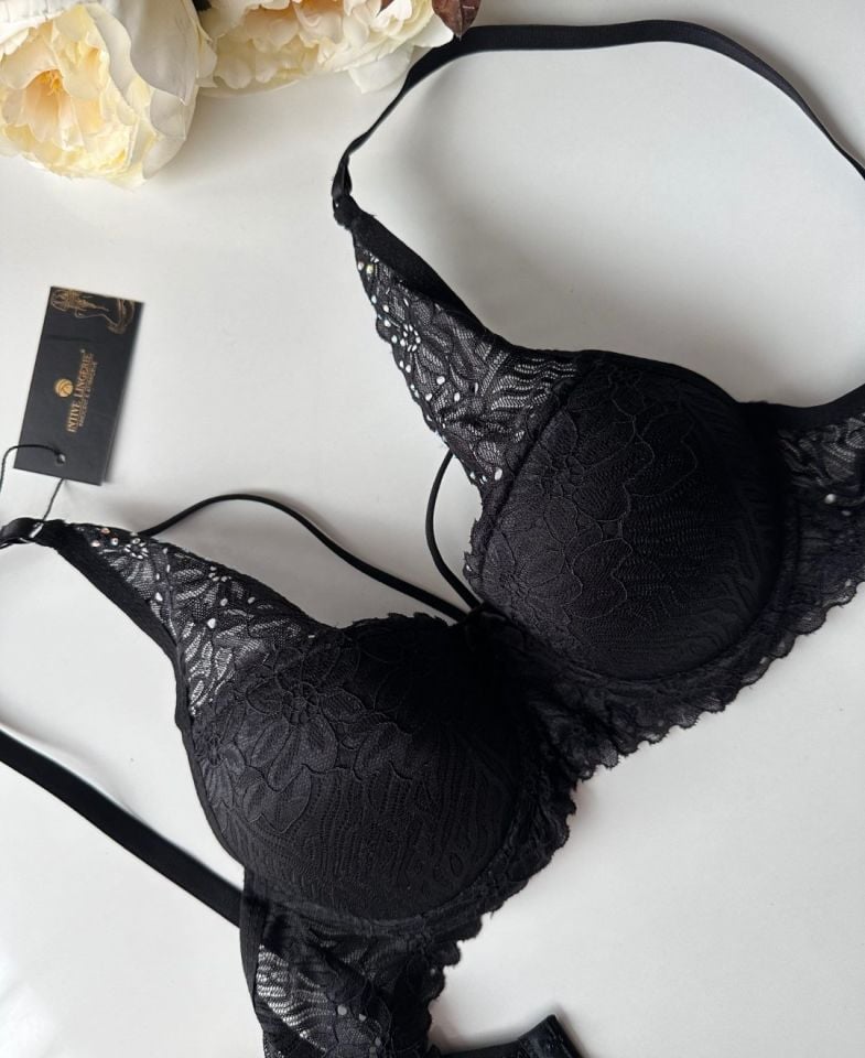 Push-up Dantelli Balenli Taşlı Bordo - Siyah İp Detaylı Sütyen Külot Takım Siyah - 80B