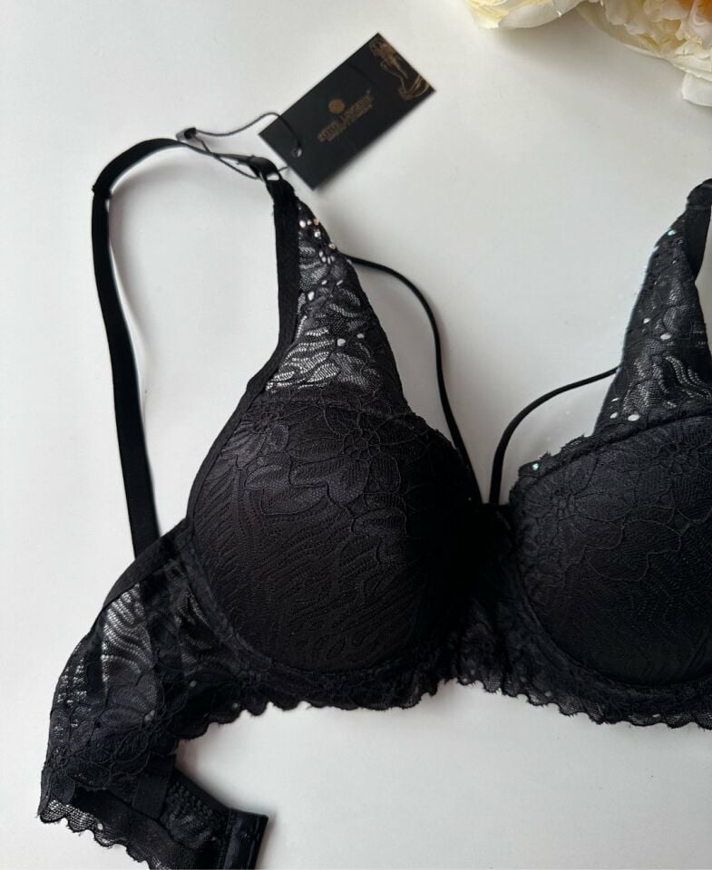 Push-up Dantelli Balenli Taşlı Bordo - Siyah İp Detaylı Sütyen Külot Takım Siyah - 80B