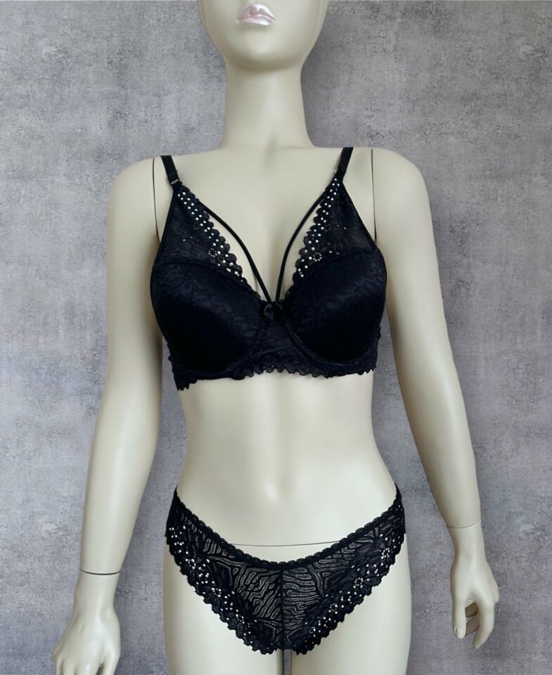 Push-up Dantelli Balenli Taşlı Bordo - Siyah İp Detaylı Sütyen Külot Takım Siyah - 80B
