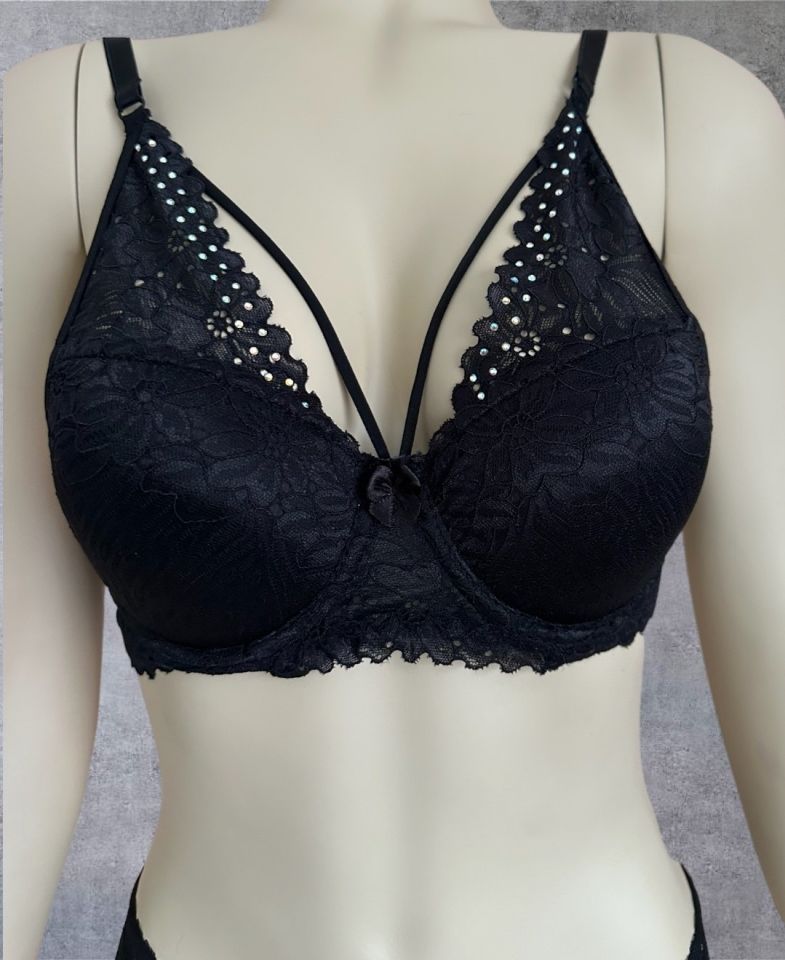 Push-up Dantelli Balenli Taşlı Bordo - Siyah İp Detaylı Sütyen Külot Takım Siyah - 80B
