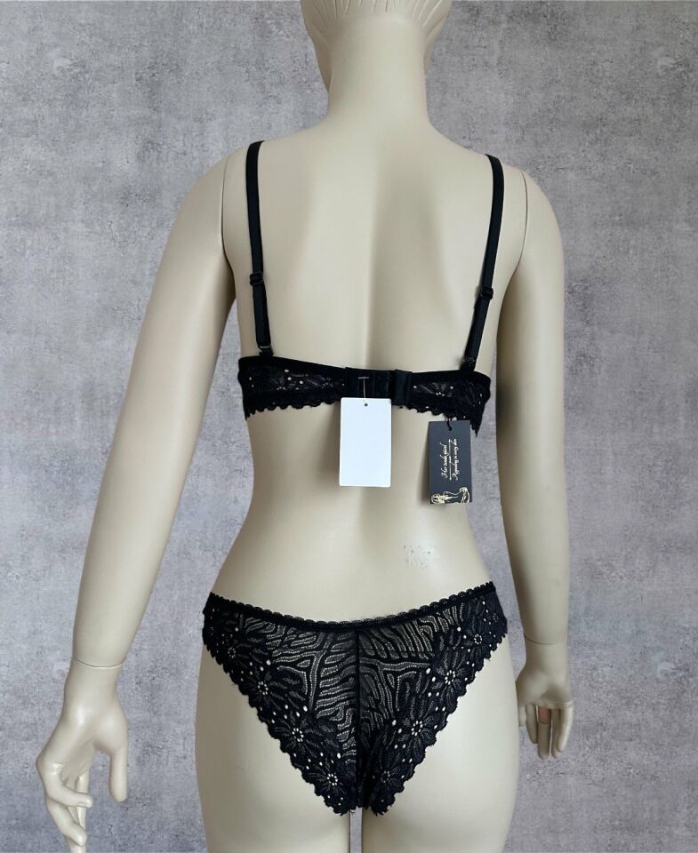Push-up Dantelli Balenli Taşlı Bordo - Siyah İp Detaylı Sütyen Külot Takım Siyah - 80B
